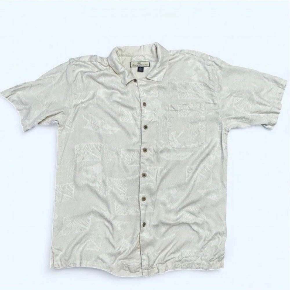 Tommy Bahama Silk Camp Shirt XL Beige Palm‎ Floral Jacquard Relaxed Fit Island